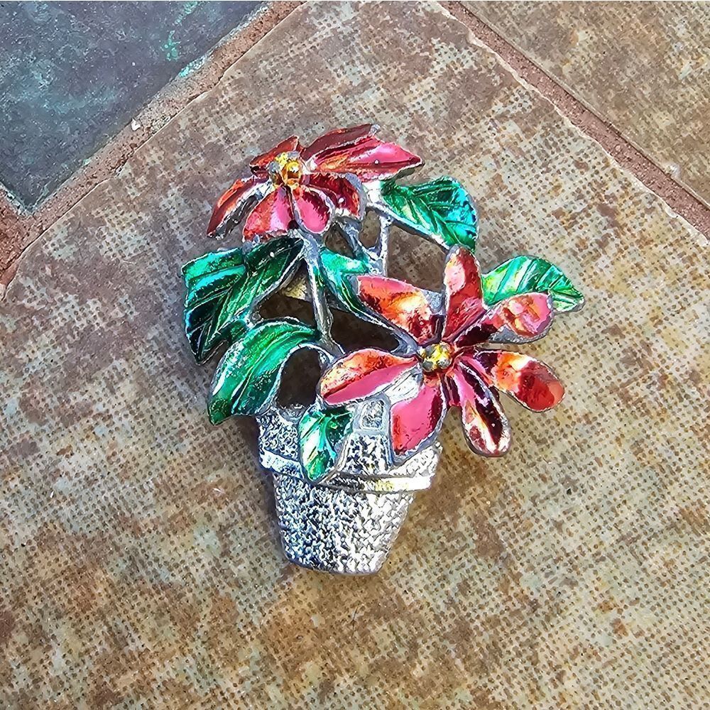 Vintage Silver Poinsettia Figural Holiday Christmas Brooch